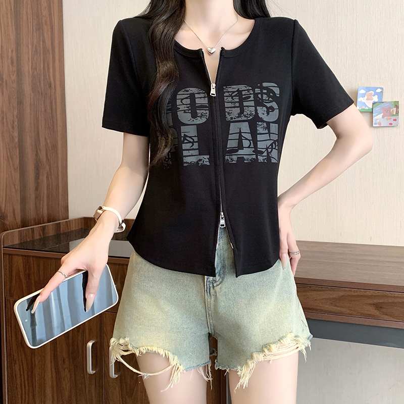 Plus Size Women's Summer 2026 Printed Letter Short Sleeve Top with Double Zipper - Style bb673f - Image 5