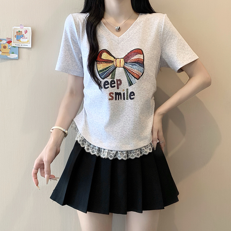 2026 Summer Plus Size Women's Korean Sweet Print Bow Lace Trim Short Sleeve Top - Image 2