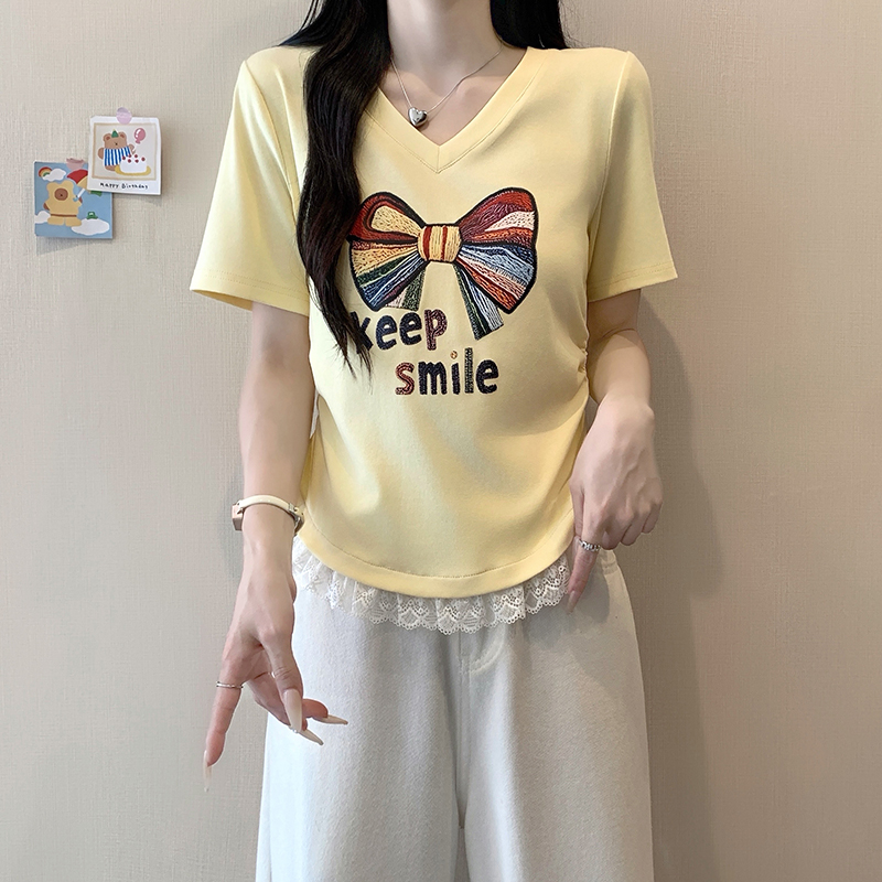 2026 Summer Plus Size Women's Korean Sweet Print Bow Lace Trim Short Sleeve Top - Image 3