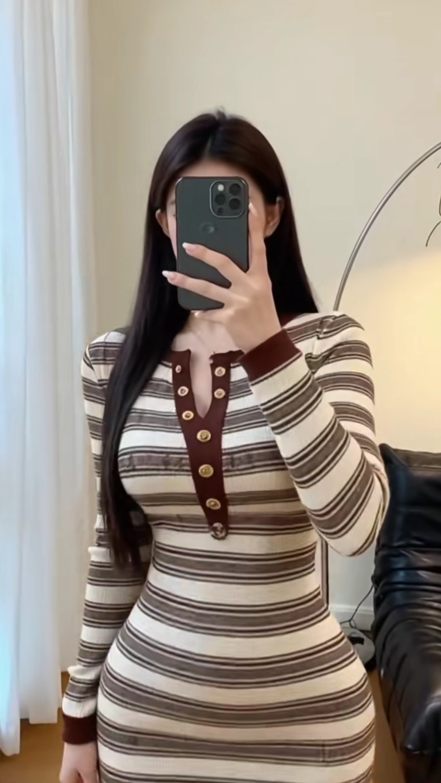 Striped V-Neck Long Sleeve Bodycon Dress 2025 - Image 4