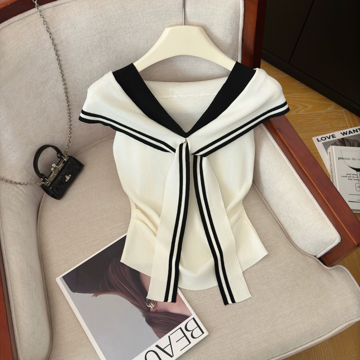 Women's Color-Block Faux-Layer Knit Top Summer Sailor Collar Ribbon Short Sleeve