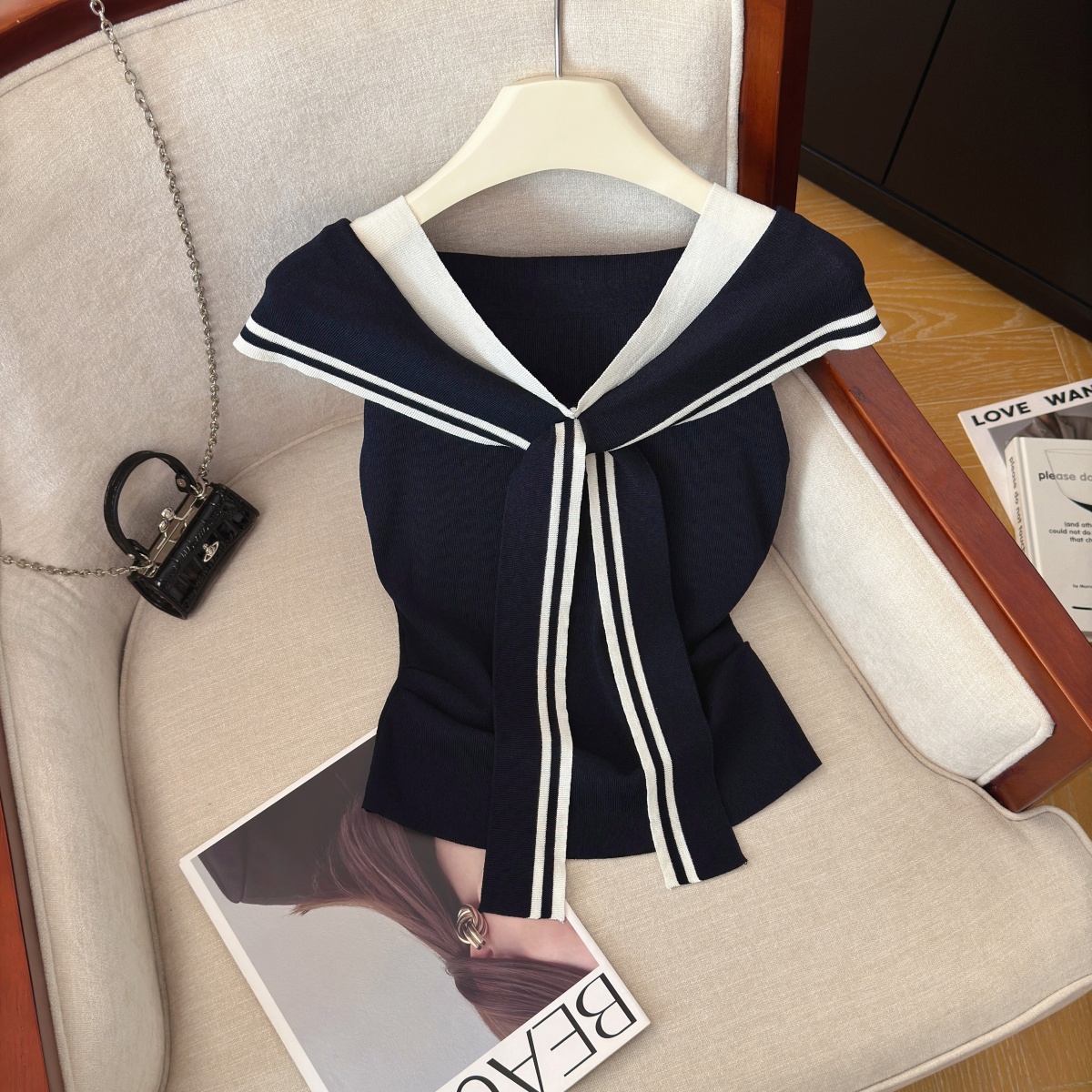 Women's Color-Block Faux-Layer Knit Top Summer Sailor Collar Ribbon Short Sleeve - Image 2