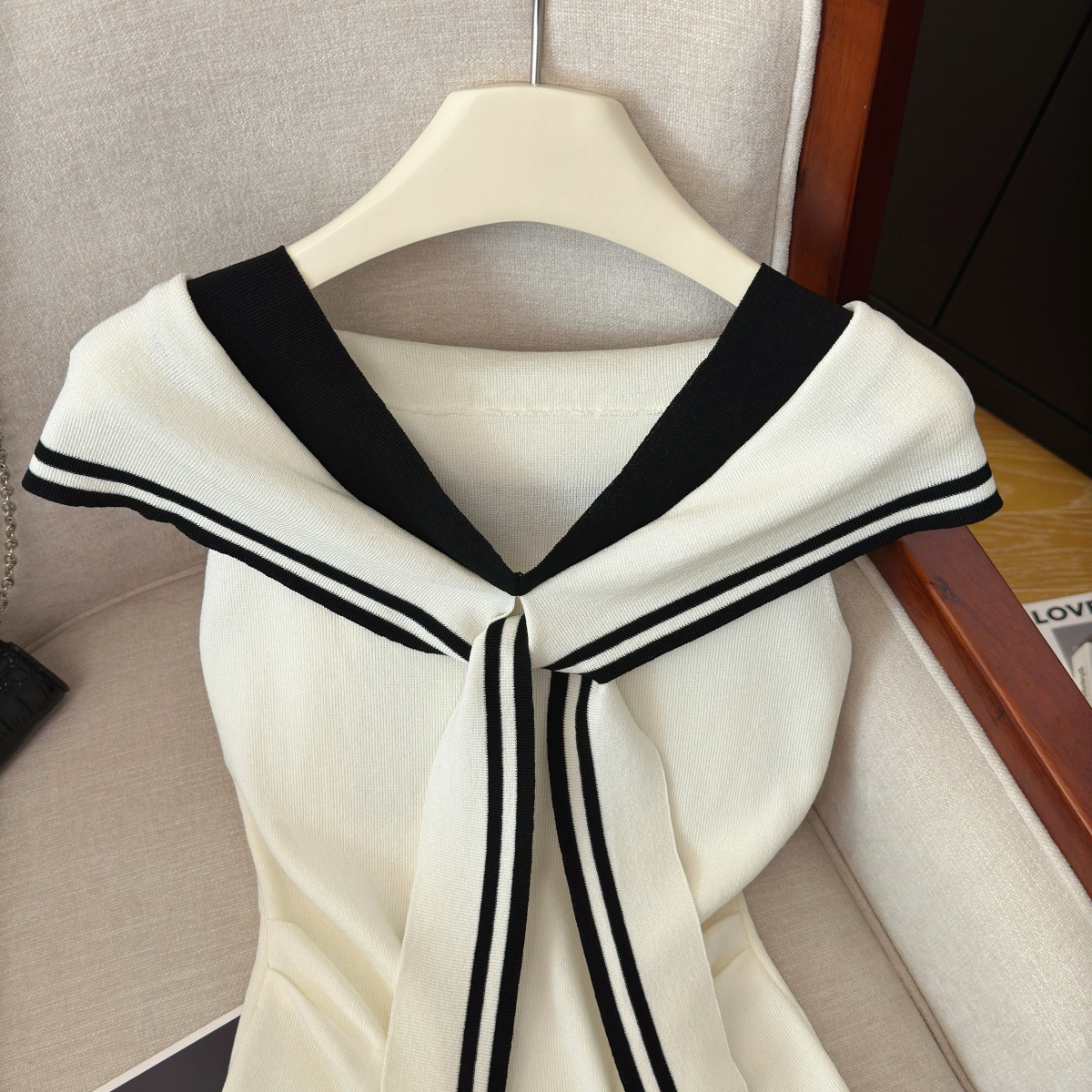 Women's Color-Block Faux-Layer Knit Top Summer Sailor Collar Ribbon Short Sleeve - Image 3