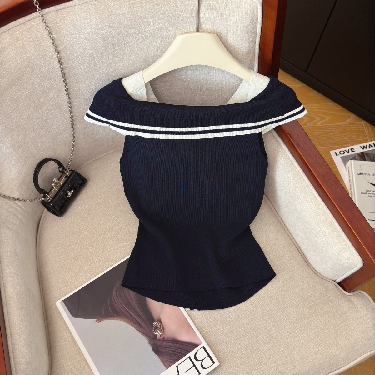 Women's Color-Block Faux-Layer Knit Top Summer Sailor Collar Ribbon Short Sleeve - Image 4