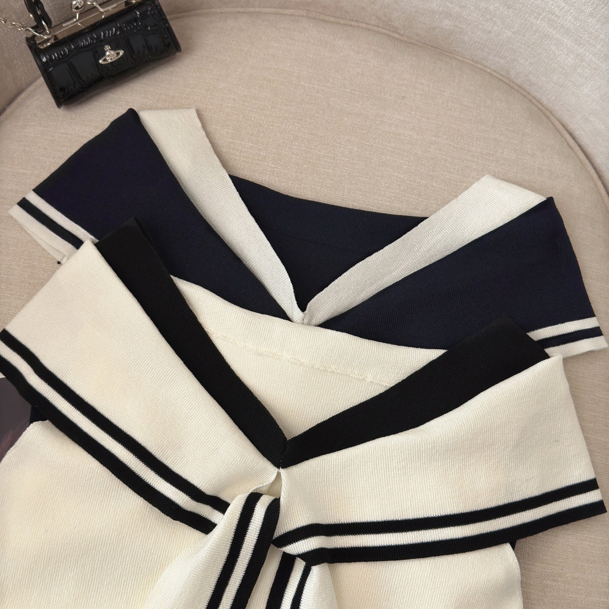 Women's Color-Block Faux-Layer Knit Top Summer Sailor Collar Ribbon Short Sleeve - Image 5