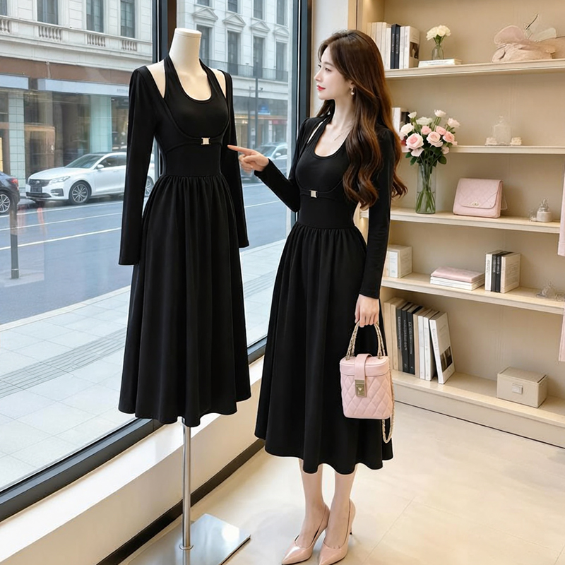 Women's Hepburn Style Halter Two-Piece Dress Slimming A-Line Long Sleeve Fall Winter