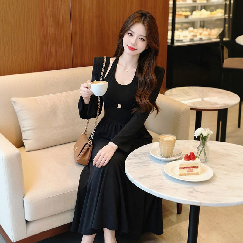 Women's Hepburn Style Halter Two-Piece Dress Slimming A-Line Long Sleeve Fall Winter - Image 2