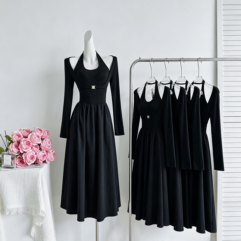 Women's Hepburn Style Halter Two-Piece Dress Slimming A-Line Long Sleeve Fall Winter - Image 4