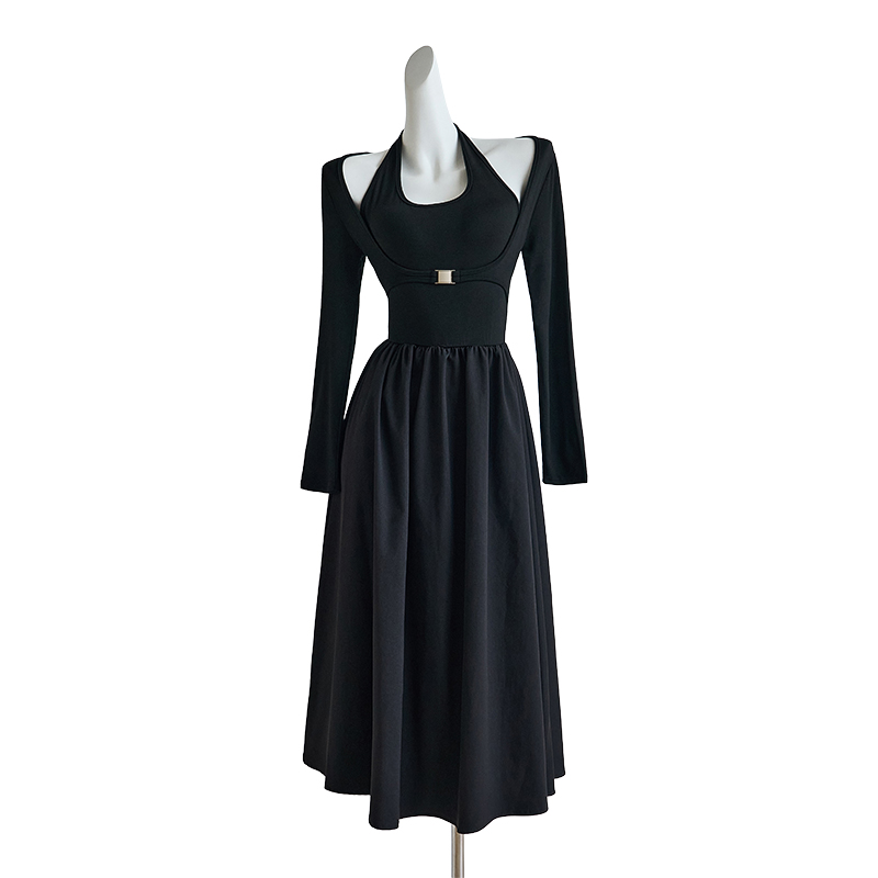 Women's Hepburn Style Halter Two-Piece Dress Slimming A-Line Long Sleeve Fall Winter - Image 5