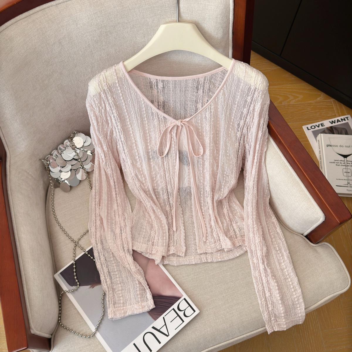 Women's Jacquard Tie-Front Knit Cardigan Summer Vacation Cover-Up