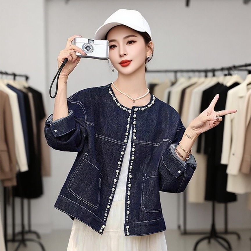 Women's Loose Fit Denim Jacket with Beaded Decoration
