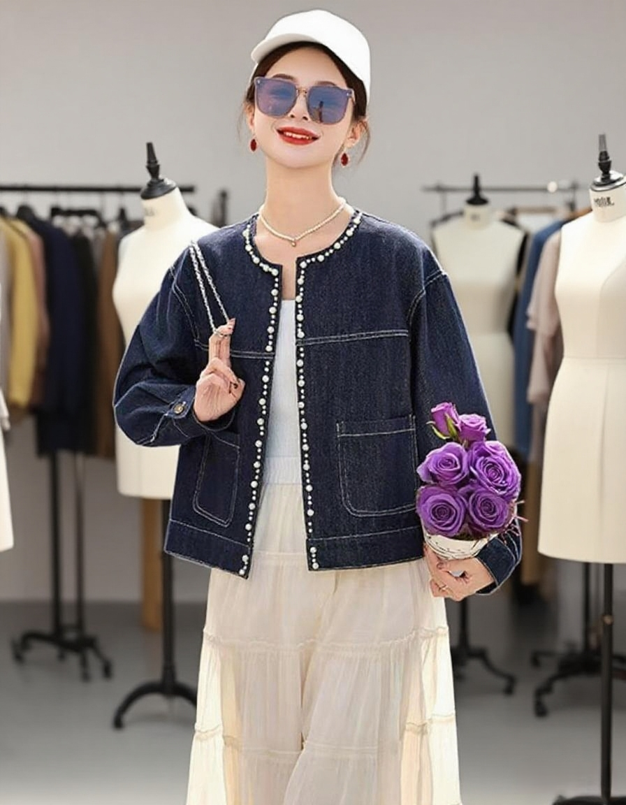 Women's Loose Fit Denim Jacket with Beaded Decoration - Image 2