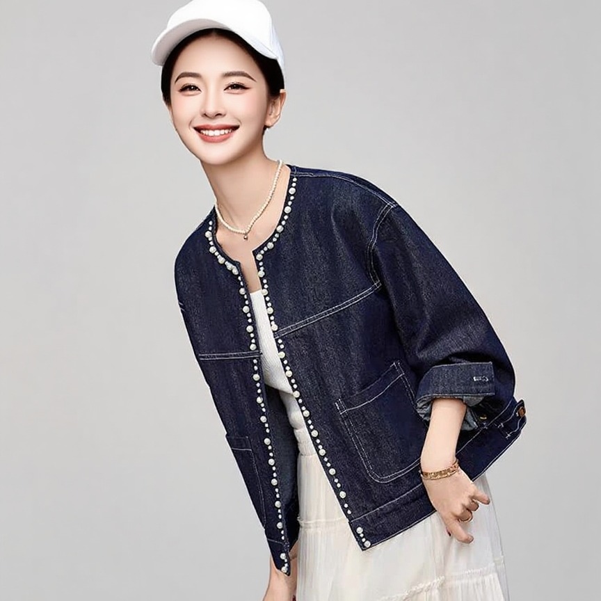 Women's Loose Fit Denim Jacket with Beaded Decoration - Image 5
