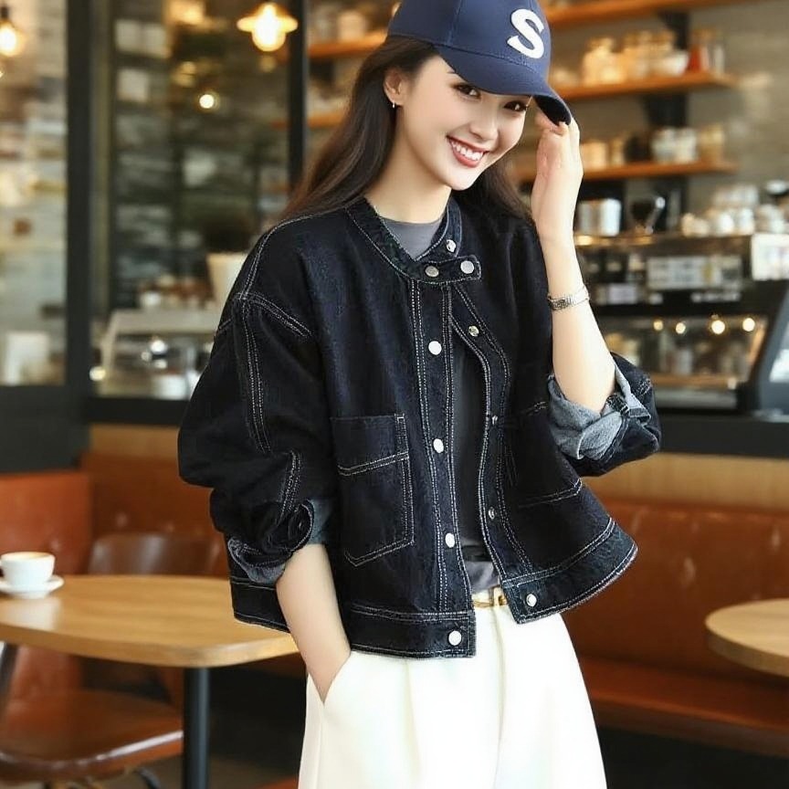 Women's Loose Fit Denim Jacket with Pockets Button Front Long Sleeve