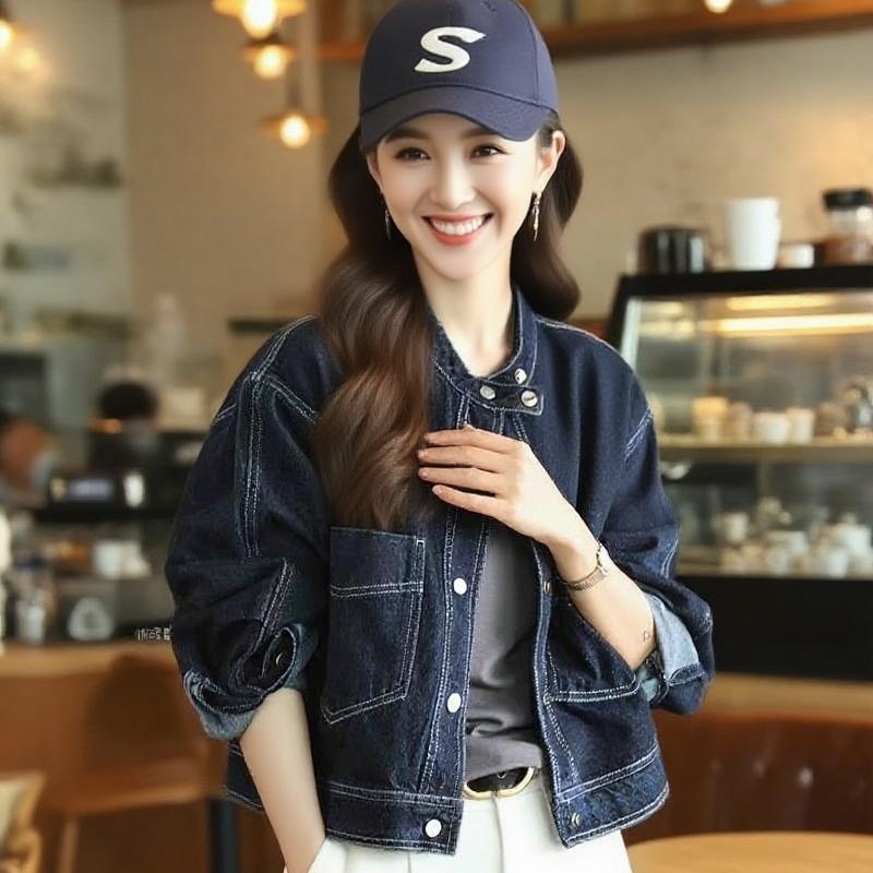 Women's Loose Fit Denim Jacket with Pockets Button Front Long Sleeve - Image 3