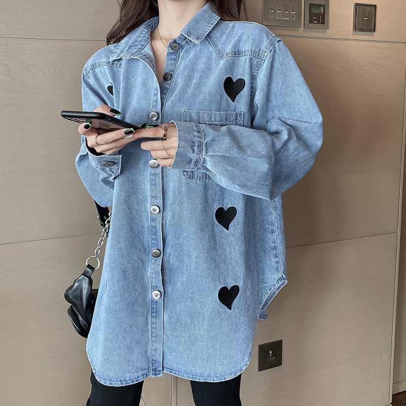 Women's Loose Fit Denim Shirt with Heart Embroidery Long Sleeve