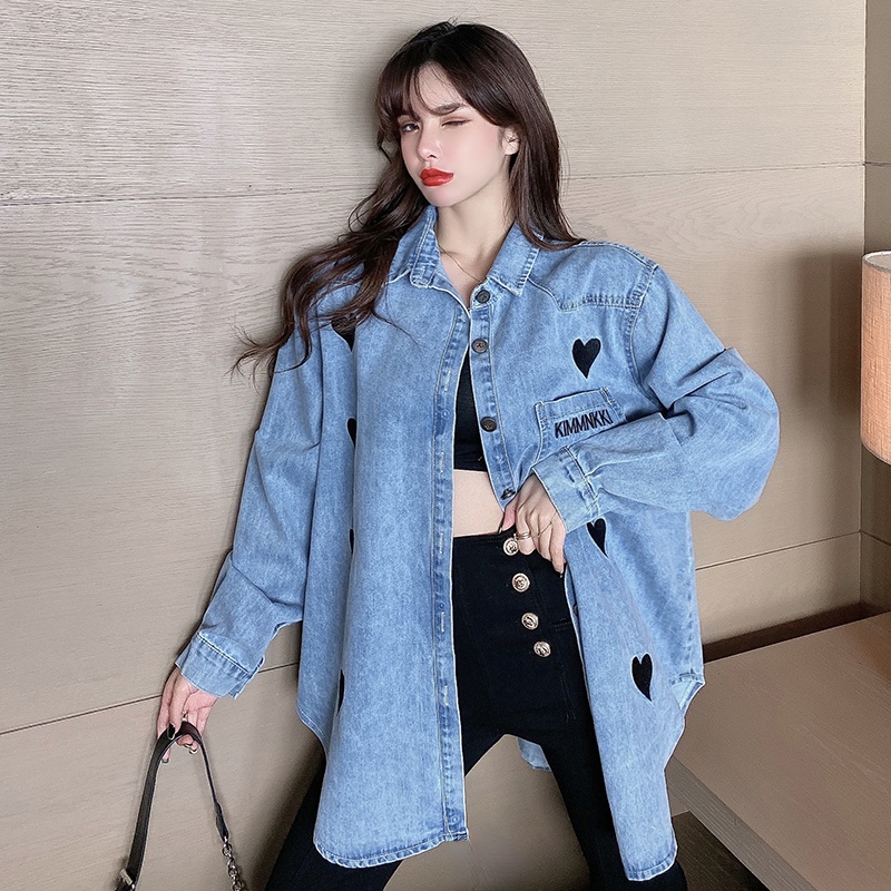 Women's Loose Fit Denim Shirt with Heart Embroidery Long Sleeve - Image 2