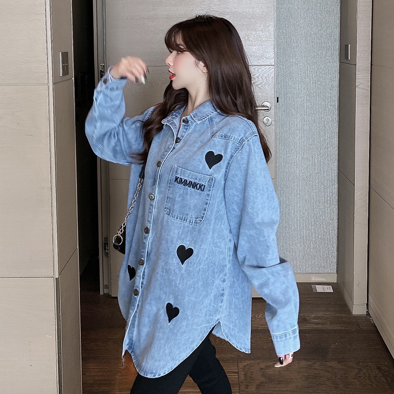 Women's Loose Fit Denim Shirt with Heart Embroidery Long Sleeve - Image 3