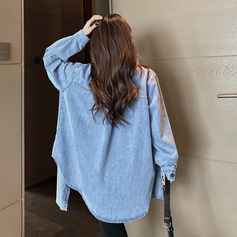Women's Loose Fit Denim Shirt with Heart Embroidery Long Sleeve - Image 4