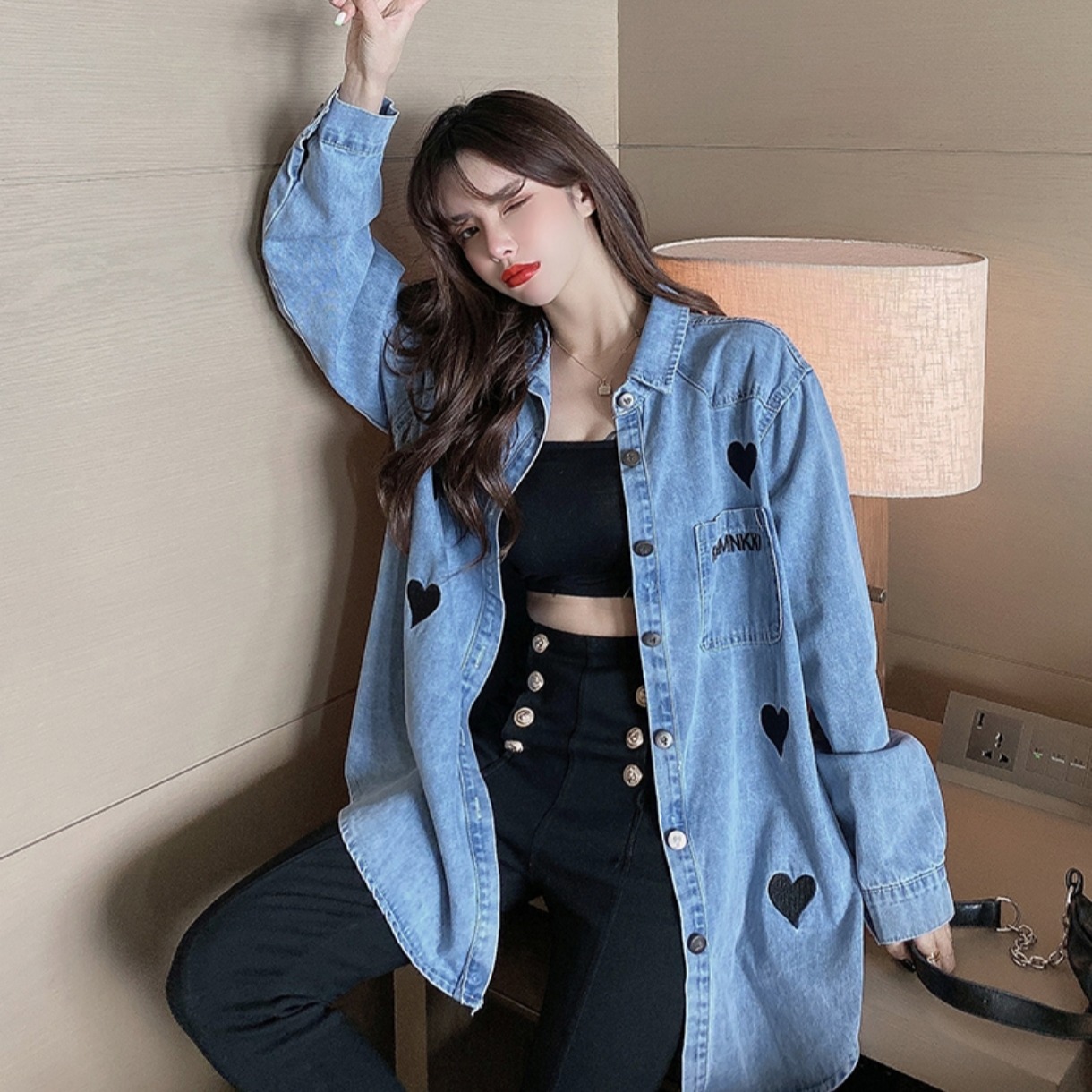 Women's Loose Fit Denim Shirt with Heart Embroidery Long Sleeve - Image 5