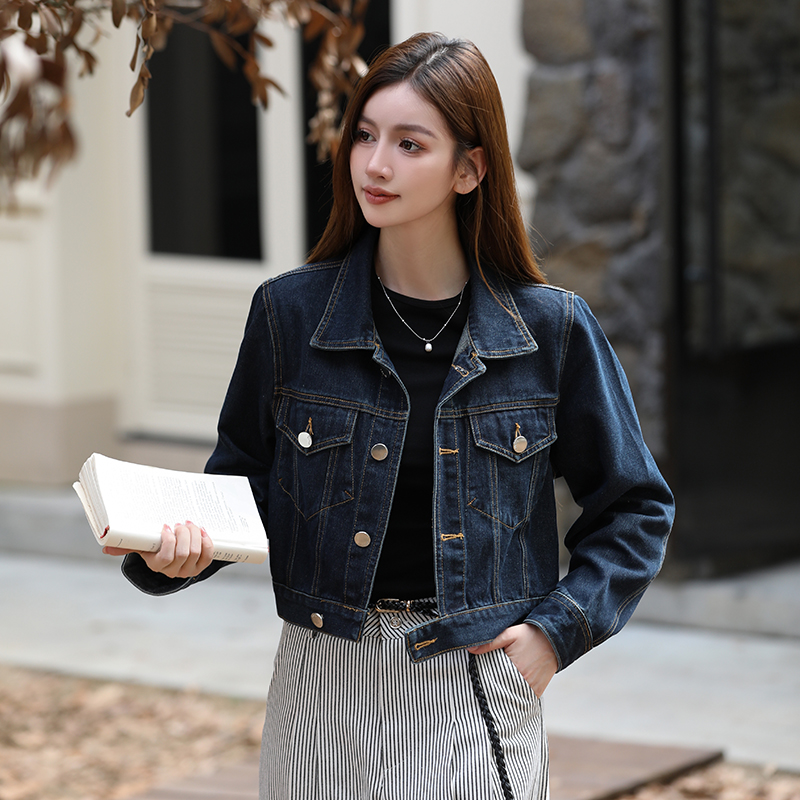 Women's Loose Fit Denim Short Jacket - Dark Blue Cotton Blend Button Front