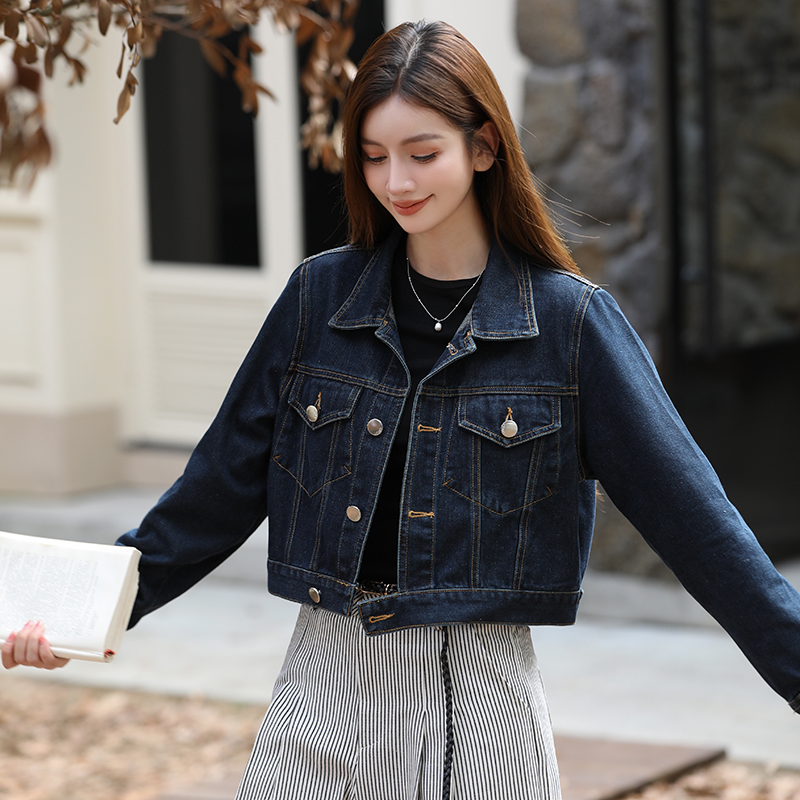 Women's Loose Fit Denim Short Jacket - Dark Blue Cotton Blend Button Front - Image 2