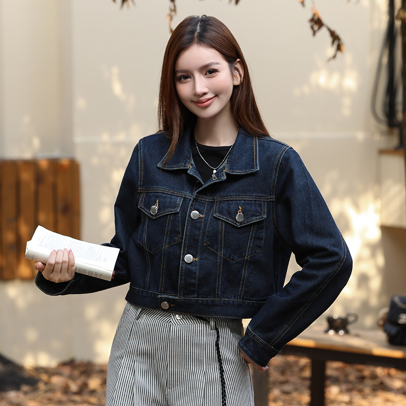 Women's Loose Fit Denim Short Jacket - Dark Blue Cotton Blend Button Front - Image 3