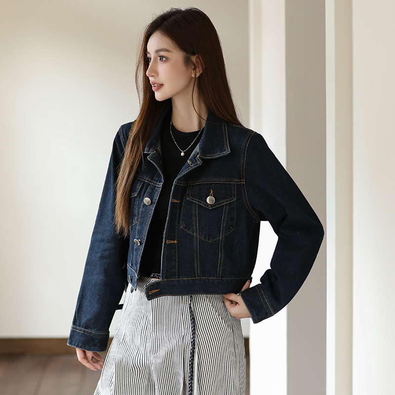 Women's Loose Fit Denim Short Jacket - Dark Blue Cotton Blend Button Front - Image 4