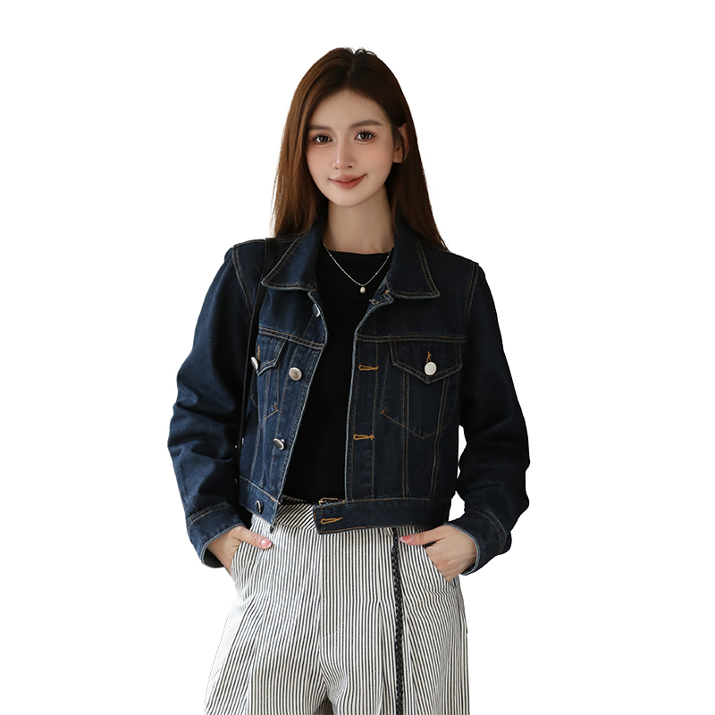 Women's Loose Fit Denim Short Jacket - Dark Blue Cotton Blend Button Front - Image 5