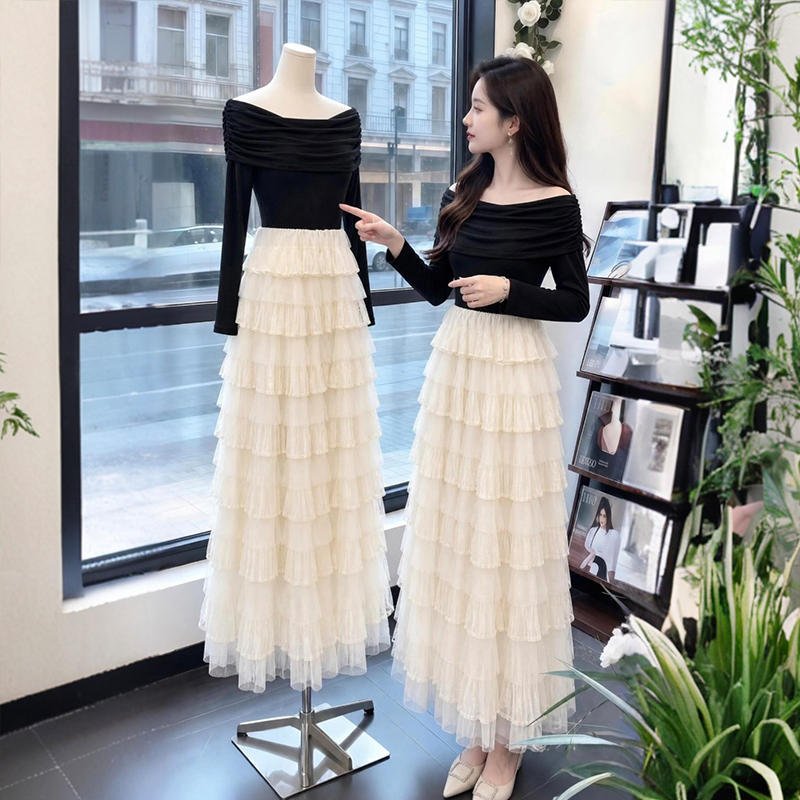 Women's Off-Shoulder Long Sleeve Layered Cake Dress Color Block Commuter Style 89135