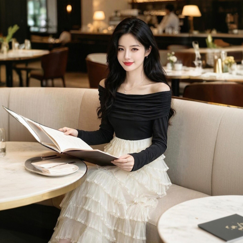 Women's Off-Shoulder Long Sleeve Layered Cake Dress Color Block Commuter Style 89135 - Image 2