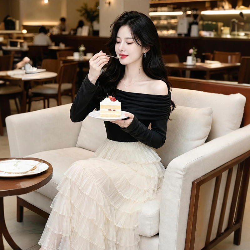 Women's Off-Shoulder Long Sleeve Layered Cake Dress Color Block Commuter Style 89135 - Image 3