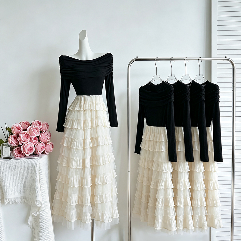 Women's Off-Shoulder Long Sleeve Layered Cake Dress Color Block Commuter Style 89135 - Image 4