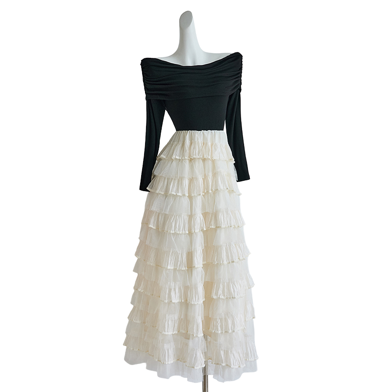 Women's Off-Shoulder Long Sleeve Layered Cake Dress Color Block Commuter Style 89135 - Image 5