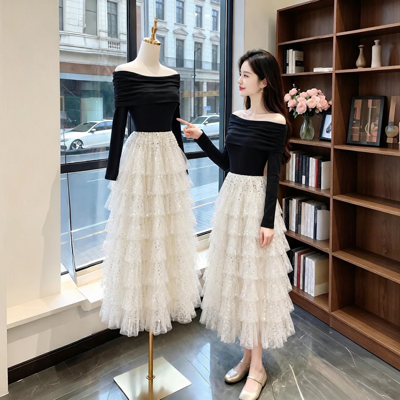Women's One-Shoulder Sequin Cake Dress Two-Piece Look 89125