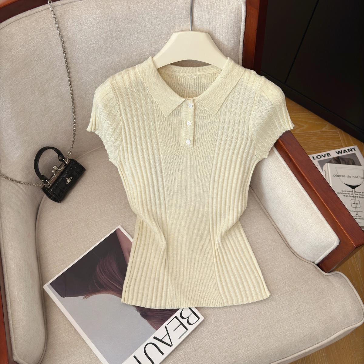 Women's Polo Collar Knit Top Summer Short Sleeve Solid Color