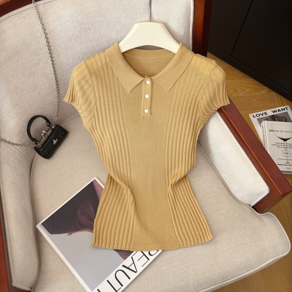 Women's Polo Collar Knit Top Summer Short Sleeve Solid Color - Image 2