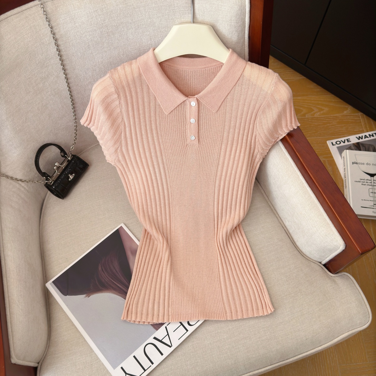 Women's Polo Collar Knit Top Summer Short Sleeve Solid Color - Image 3
