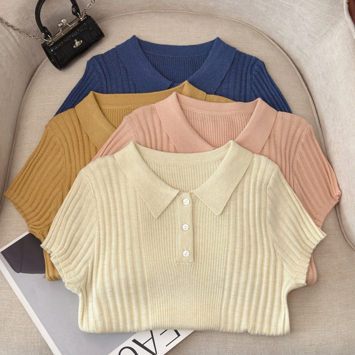 Women's Polo Collar Knit Top Summer Short Sleeve Solid Color - Image 5