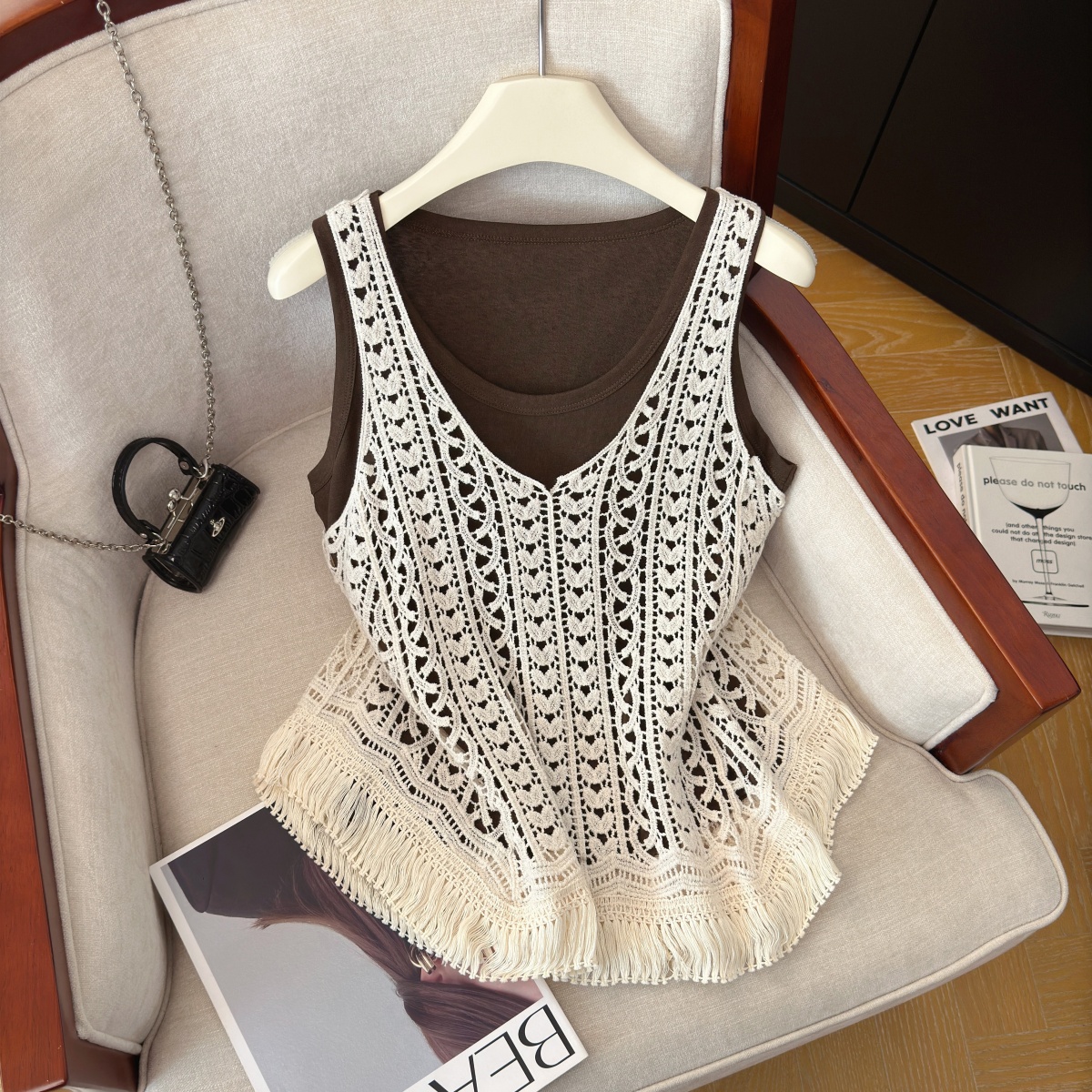 Women's Summer Knit Cami Two-Piece Set with Tassel Trim