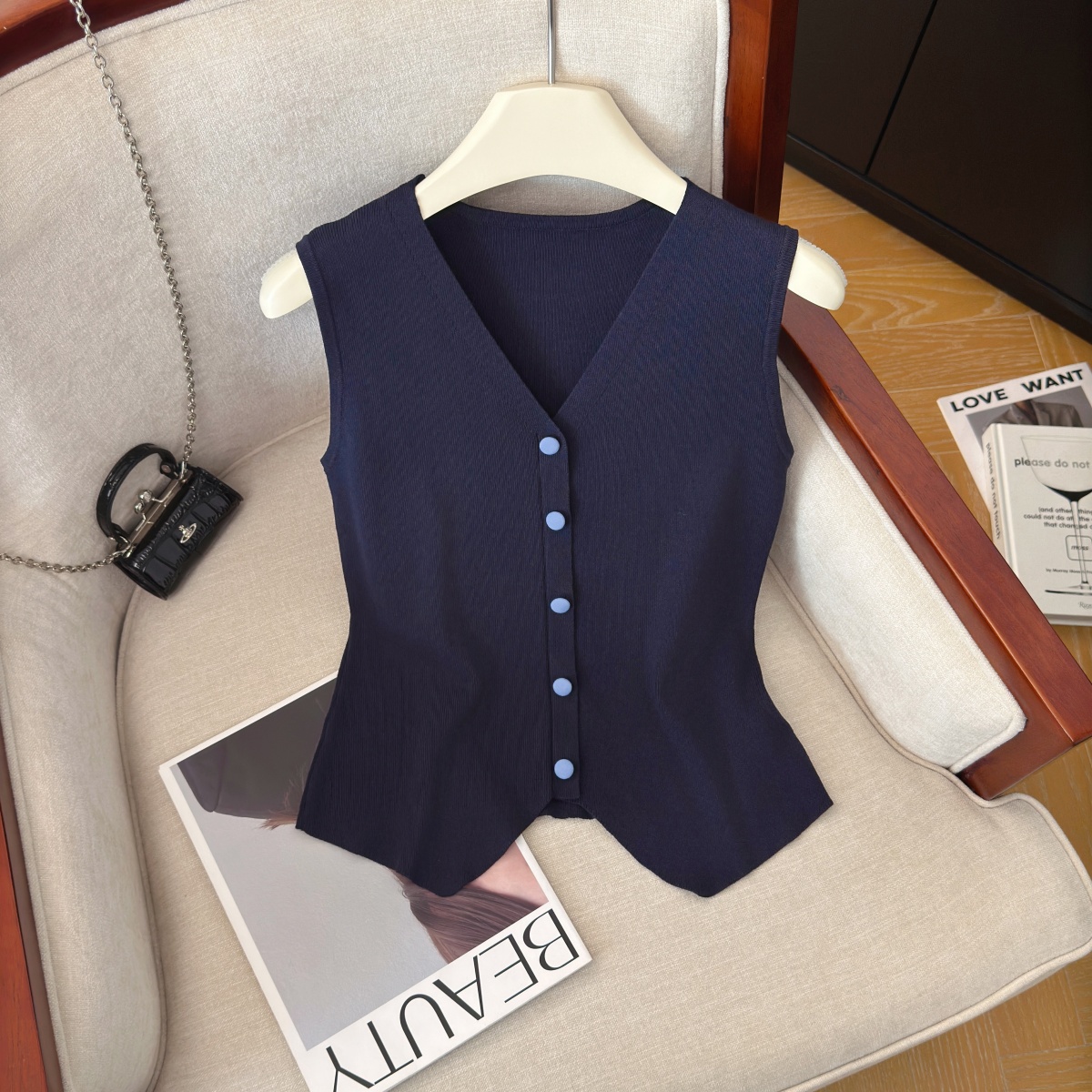 Women's V-Neck Knit Vest with Colorful Buttons Summer Sleeveless Cardigan
